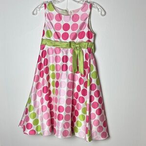 Pink & Lime Polka Dot Satin Girl's Dress with Bow Rare Editions